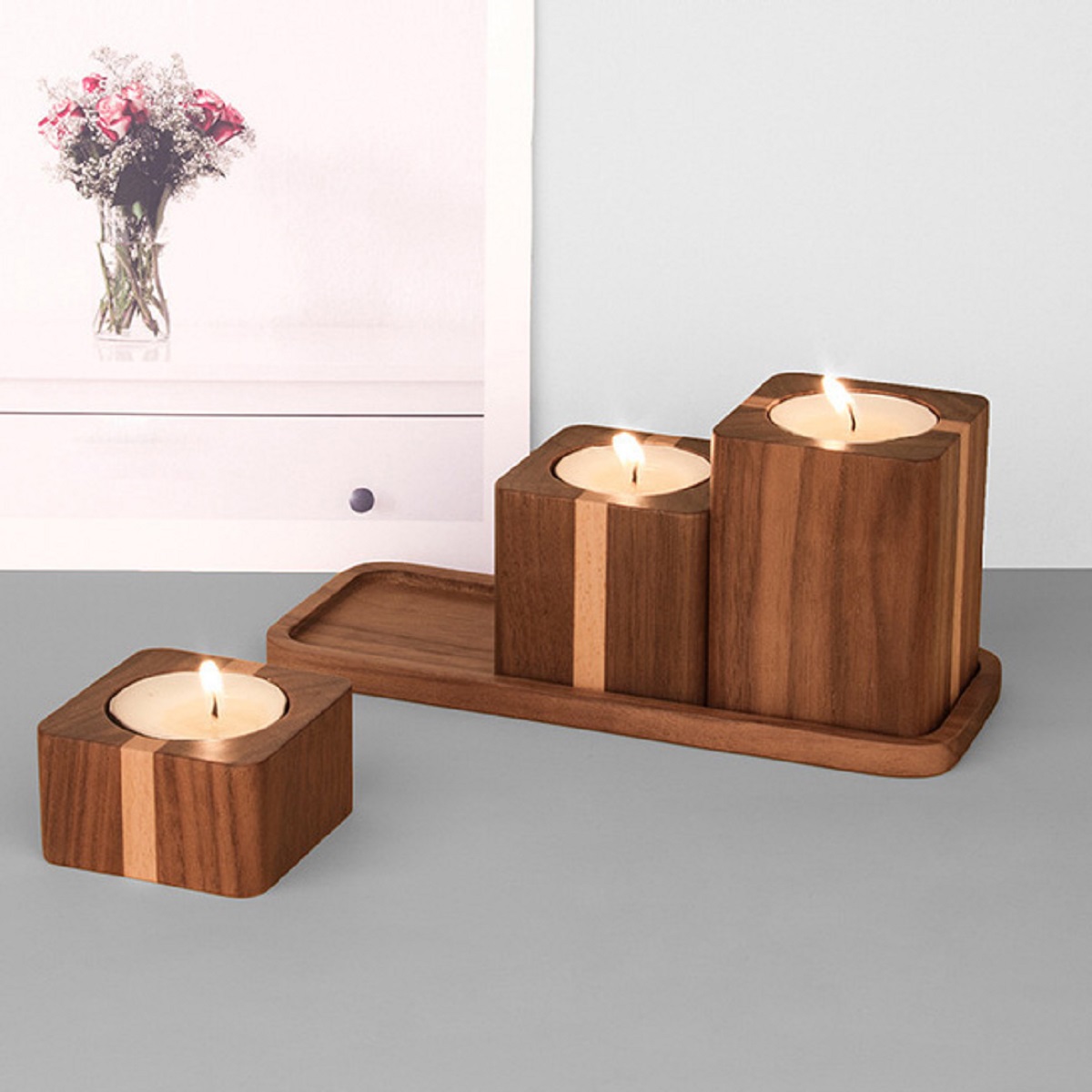 Set of 3 Wooden Candle Holder with tray